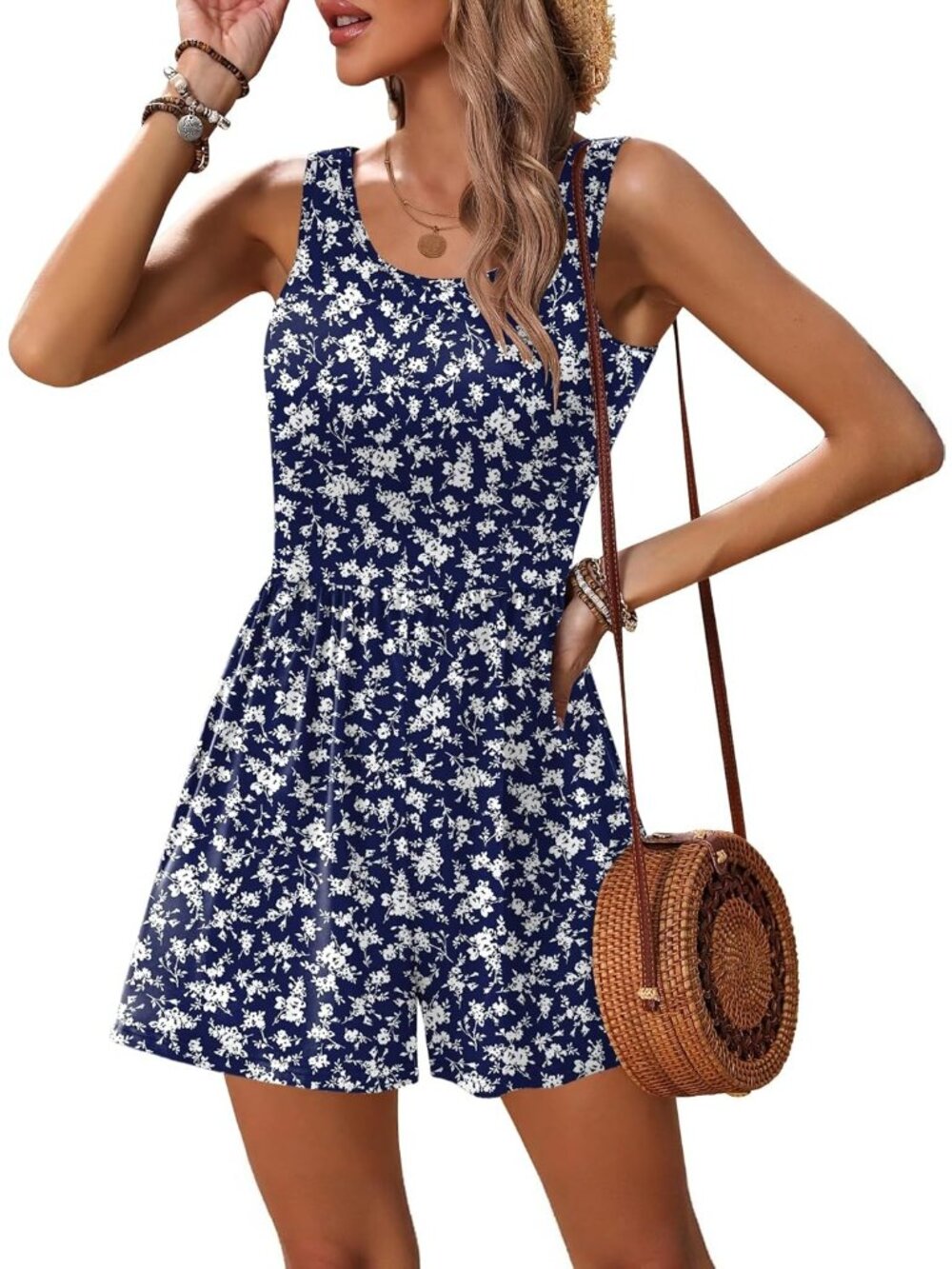 Women's Summer Romper Navy Blue Sleeveless Scoop Neck Short Beach Jumpsuit
